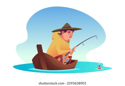 Cartoon funny smiling fisherman character in hat sitting in boat and catching fish