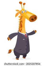 Cartoon funny smiling giraffe wearing toxedo or business suit.  Vector illustration isolated