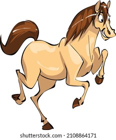 Cartoon funny Smiling horse Sand color runs and jumps