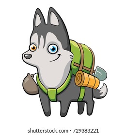 Cartoon funny smiling husky traveler with backpack, isolated vector. Happy cute dog helper and loyal friend. Field equipment , shovel, camping mat, pot. Adventure.