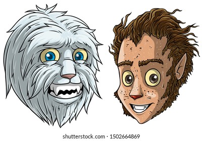 Cartoon funny smiling little white snowman bigfoot and werewolf with canines. Isolated on white background. Halloween vector icon set.