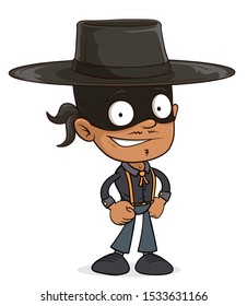 Cartoon funny smiling mexican hero boy character in hat and mask. Layered EPS ready for animations. Isolated on white background. Vector icon.