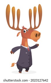 Cartoon funny smiling moose wearing toxedo or business suit.  Vector illustration of elk isolated