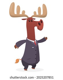 Cartoon funny smiling moose wearing toxedo or business suit.  Vector illustration of elk isolated