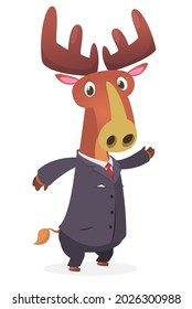 Cartoon funny smiling moose wearing toxedo or business suit.  Vector illustration of elk isolated