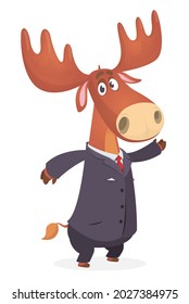 Cartoon funny smiling moose wearing toxedo or business suit.  Vector illustration of elk isolated