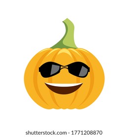 Caricatura graciosa cabeza sonriente de calabaza con gafas de sol aislada en fondo blanco. Emoción calabaza.