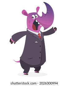 Cartoon funny smiling rhino wearing toxedo or business suit.  Vector illustration  isolated