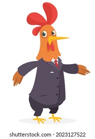 Cartoon funny smiling rooster wearing toxedo or business suit.  Vector illustration isolated