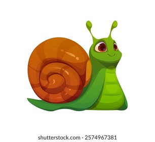 Cartoon funny snail character with glossy, vibrant shell, large expressive eyes, antenna and bright green body. Isolated vector charming garden insect personage exhibiting delightful and playful smile