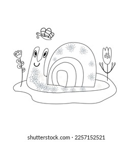 Cartoon funny snail. Coloring book. Vector illustration. 