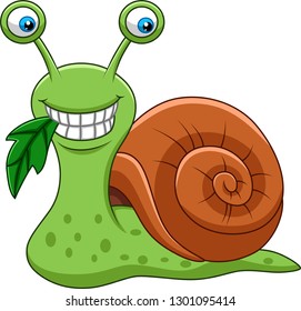 Cartoon funny snail eating a leaf