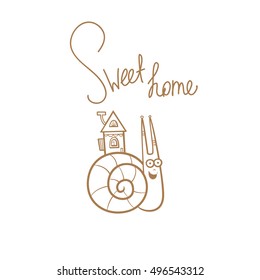  Cartoon funny snail.  Hand drawn vector contour  image no fill. Sweet home.