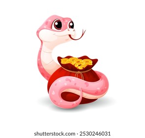 Divertida serpiente de dibujos animados riza alrededor de saco rojo lleno de monedas de oro. Reptil animal zodiaco chino festivo de color rosa Vector aislado representa riqueza, tradición y prosperidad para el año lunar 2025