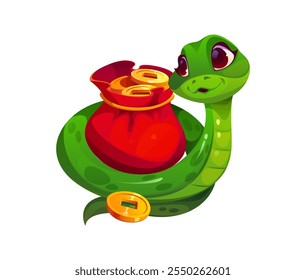 Divertida serpiente de dibujos animados riza alrededor de saco rojo lleno de monedas de oro. El reptil animal del zodiaco chino festivo verde del Vector aislado representa riqueza, tradición y prosperidad para el año lunar 2025