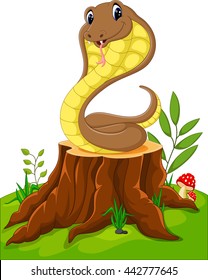 Cartoon funny snake on tree stump