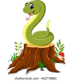Cartoon funny snake on tree stump