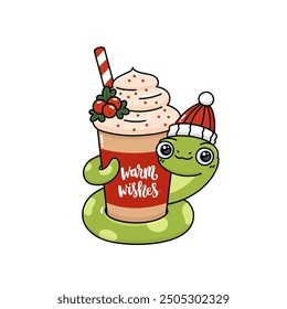 Cartoon funny snake in Santa hat with Winter holiday spiced drink in mug. Lettering Warm Wishes. Chinese New Year symbol. Asian lunar animal character. Vector illustration isolated on white background