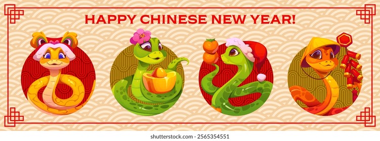 Cartoon funny snakes collage of Chinese new year holiday celebration. Vector festive background featuring adorable reptile snake characters with traditional firecrackers, sychee, mandarins and hats