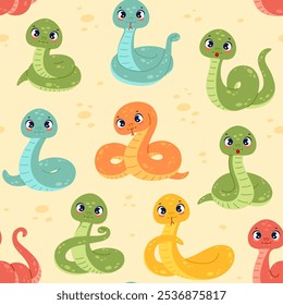 Cartoon funny snakes seamless pattern. Cute tropical animals, exotic jungle serpents, mascots, repeated nature creatures. Decor textile, wrapping, wallpaper. Print for fabric. Vector background