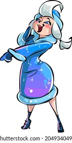 Cartoon funny Snow Maiden New Year Character. Snow Maiden holds out her hand emotion