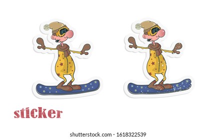 Cartoon funny snowboarder. Vector illustration in the form of a sticker.