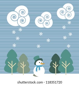 Cartoon funny snowman in the forest, holiday greetings, vector illustration