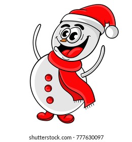 cartoon funny snowman in red hat and scarf , vector illustration