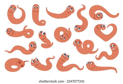 Cartoon funny soil worms. Earthworm poses. Useful garden inhabitant. Little insect. Farm yard life. Underground compost makers. Crawling caterpillar. Sleeping rainworm