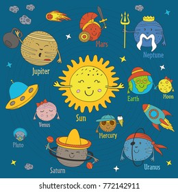 Cartoon funny solar system - vector illustration, eps