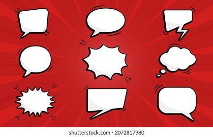 Cartoon Funny Speech Bubbles on Red Pop Art Background. Set of Comic Speech Balloons with Halftone. Collection Empty Retro Bubbles for Chat, Dialog, Text Message. Isolated Vector Illustration.