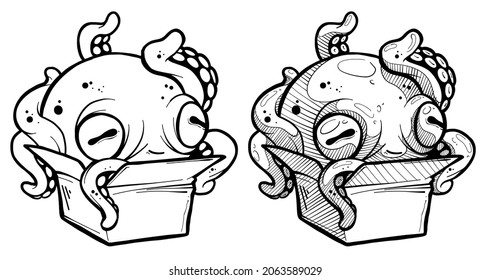 Caricatura graciosa y espeluznante pulpo con tentáculos, ojos lindos sentados en una caja de papel. Esbozo vectorial de Halloween sobre fondo blanco.