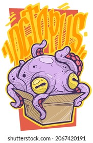Cartoon funny spooky alien violet octopus with tentacles, cute eyes sitting in paper box. Halloween vector on white background.