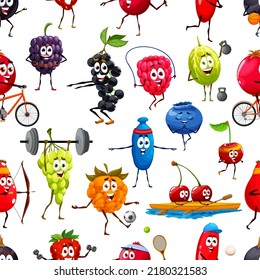 Caricatura divertida deportista brega un fondo de patrón sin fisuras, vectores de los personajes de frutas del atleta. Raspberry, cerezo y moras en gimnasia deportiva, arándano, fresa en yoga y uva en gimnasia