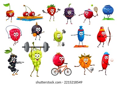 Caricatura divertida deportista personajes de frutas, granja vectorial y comida de berry salvaje. Fresa, cereza, uva y mora, arándanos, frambuesa, frambuesa, grosella negra, arándanos y guisantes