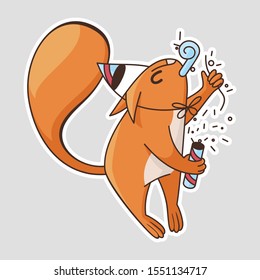 Cartoon funny squirrel in a cone hat on holiday explodes a cracker. Vector sticker 