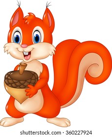 Cartoon funny squirrel holding acorn isolated on white background