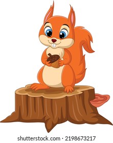 Cartoon funny squirrel holding a pine cone on tree stump