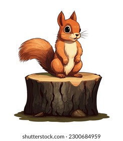 Cartoon funny squirrel holding pine cone on tree stump.