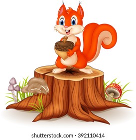 Cartoon funny squirrel holding pine cone on tree stump