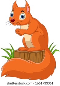Cartoon funny squirrel on tree stump