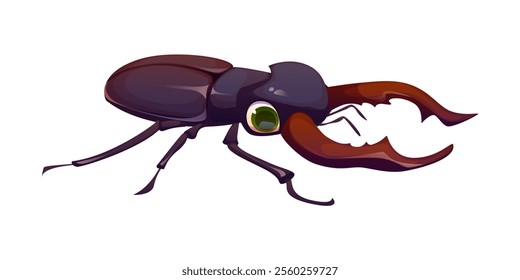 Cartoon funny stag beetle insect character featuring exaggerated mandibles and expressive eyes. Isolated vector Lucanus cervus bug, natural invertebrate creature, pest with huge horns