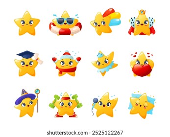 Personajes de estrellas divertidas de dibujos animados. Pequeñas mascotas lindas con emociones positivas, caras sonrientes felices, centellean personajes infantiles, colección de emoji, Vector de ilustración aislado plano de dibujos animados