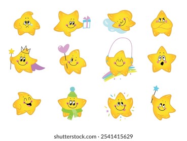 Cartoon funny stars. Cute yellow star various poses and emotions. Children mascots, kawaii characters smile cry surprised, nowaday vector set