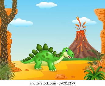 Cartoon funny stegosaurus on the Prehistoric background