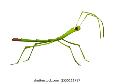 Cartoon funny stick insect character with exaggerated limbs and vibrant green color. Isolated vector funny Phasmatodea tropical bug or pest, fauna creature with long legs and antennas for camouflage