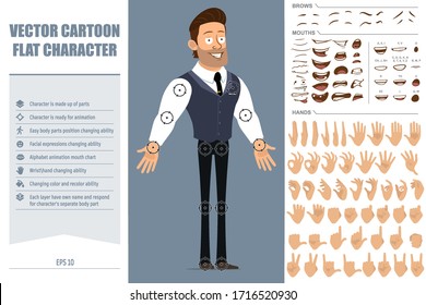 Cartoon funny strong muscular businessman character with black tie. Ready for animations. Face expressions, eyes, brows, mouth and hands easy to edit. Isolated on gray background. Big vector icon set.