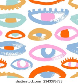 Cartoon funny style eyes seamless pattern. Groovy quirky elements background. Multi colored seamless pattern with thick bright eyeballs. Creative brush drawn various eye shapes in doodle style.