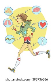 Cartoon of funny, stylish woman with fit body in sporty outfit jogging. With info graphic showing the benefits of workout. 
