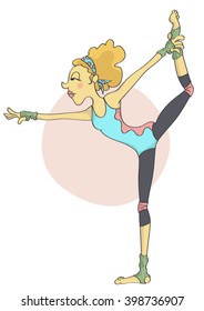 Cartoon of funny, stylish woman with fit body in sporty outfit doing yoga workout.
